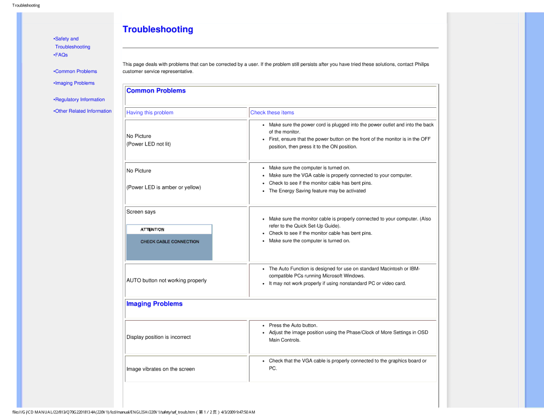 Philips 220V1SB/27 user manual Common Problems, Imaging Problems 