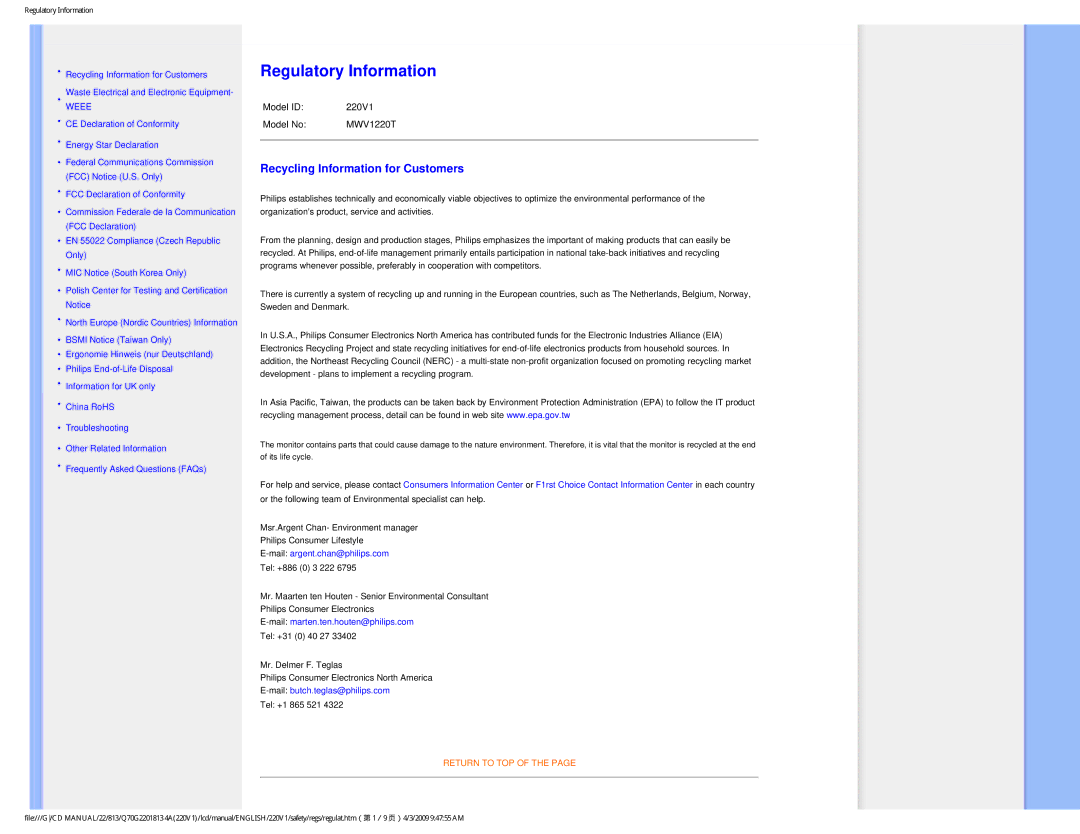 Philips 220V1SB/27 user manual Regulatory Information, Recycling Information for Customers 