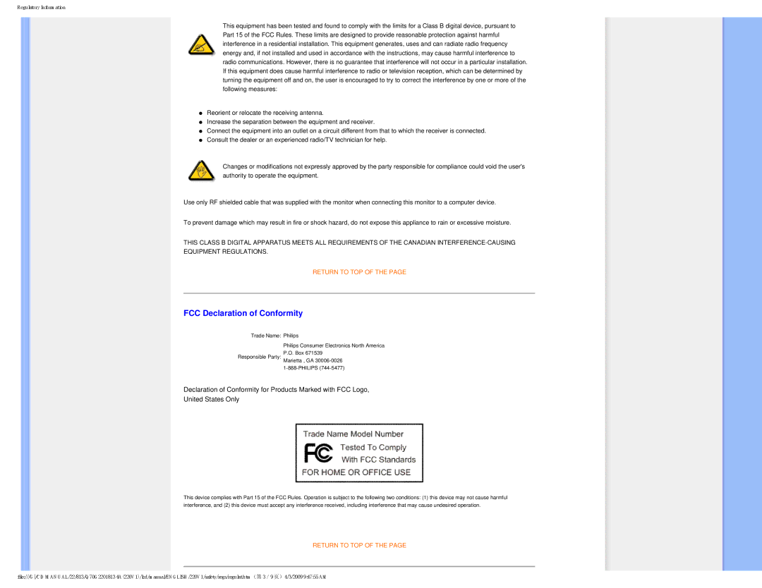 Philips 220V1SB/27 user manual FCC Declaration of Conformity 