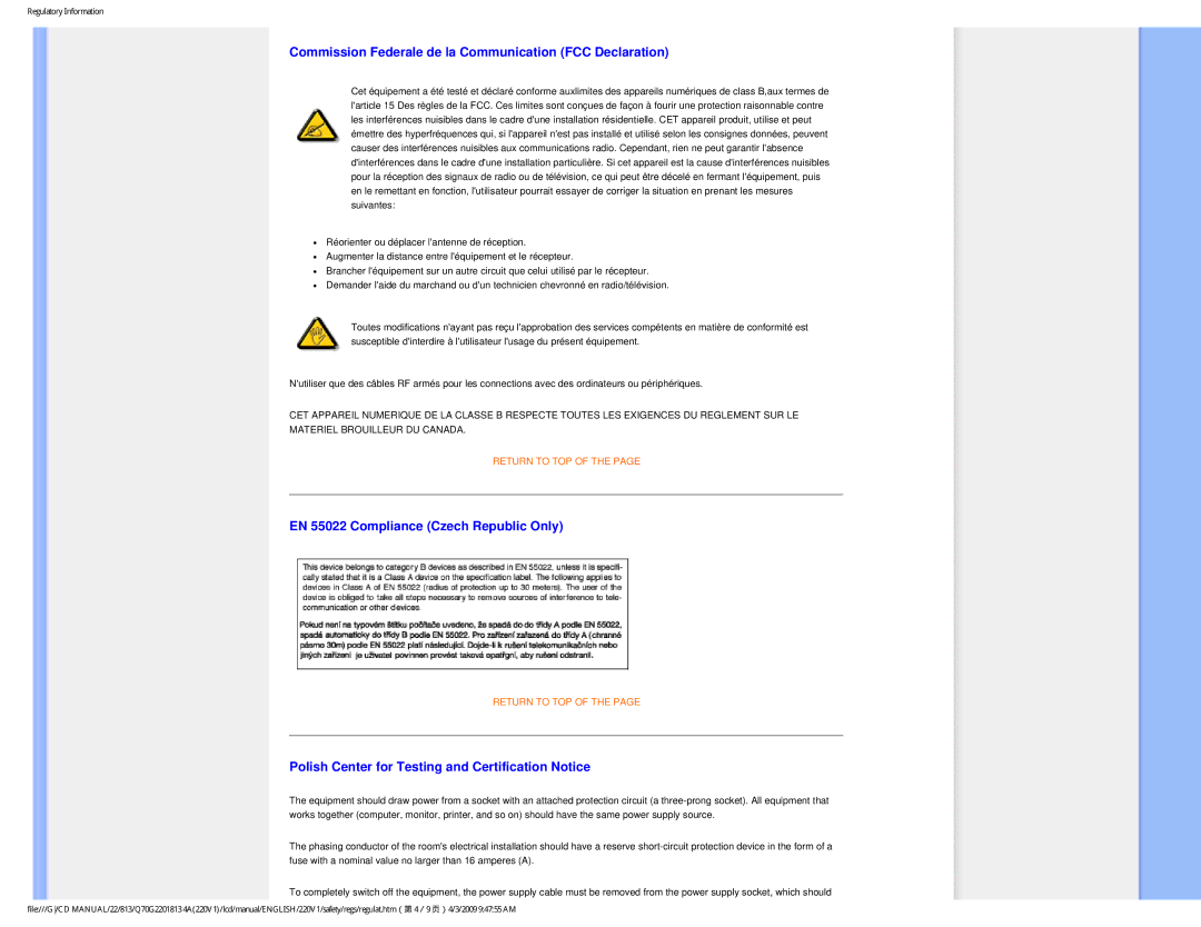 Philips 220V1SB/27 Commission Federale de la Communication FCC Declaration, EN 55022 Compliance Czech Republic Only 