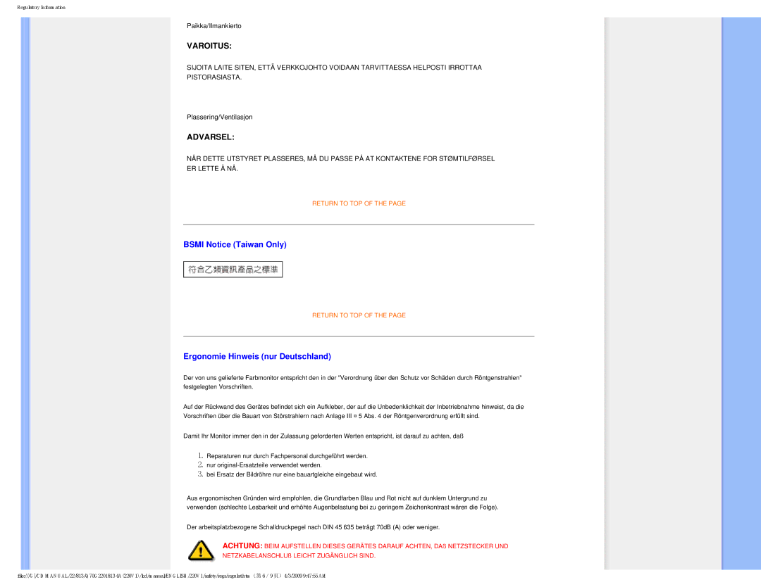 Philips 220V1SB/27 user manual Bsmi Notice Taiwan Only, Ergonomie Hinweis nur Deutschland 