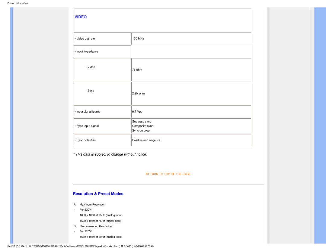 Philips 220V1SB/27 user manual Video, Resolution & Preset Modes 