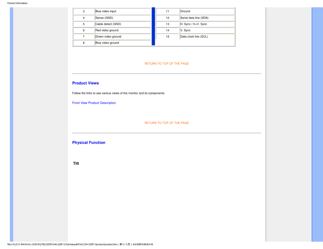 Philips 220V1SB/27 user manual Product Views, Physical Function, Tilt 