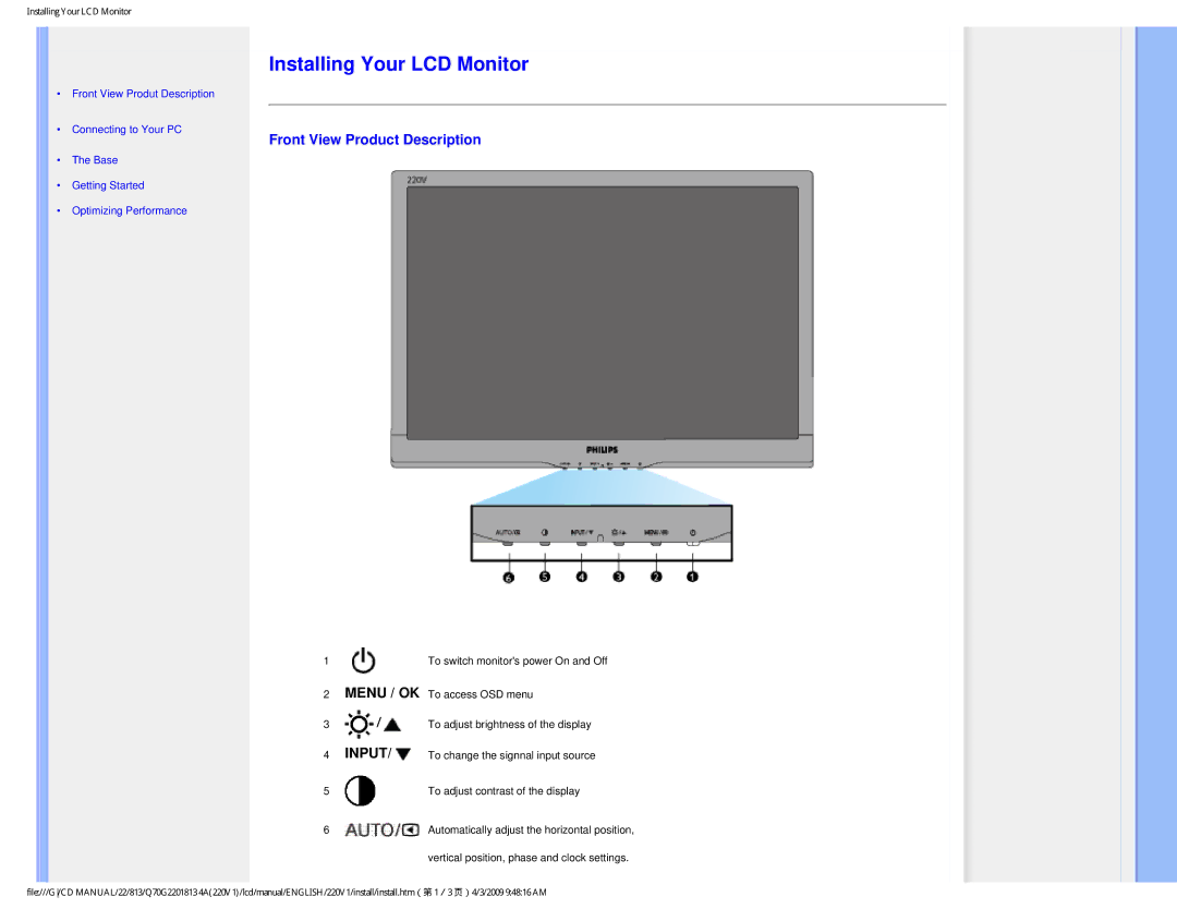 Philips 220V1SB/27 user manual Installing Your LCD Monitor, Front View Product Description 