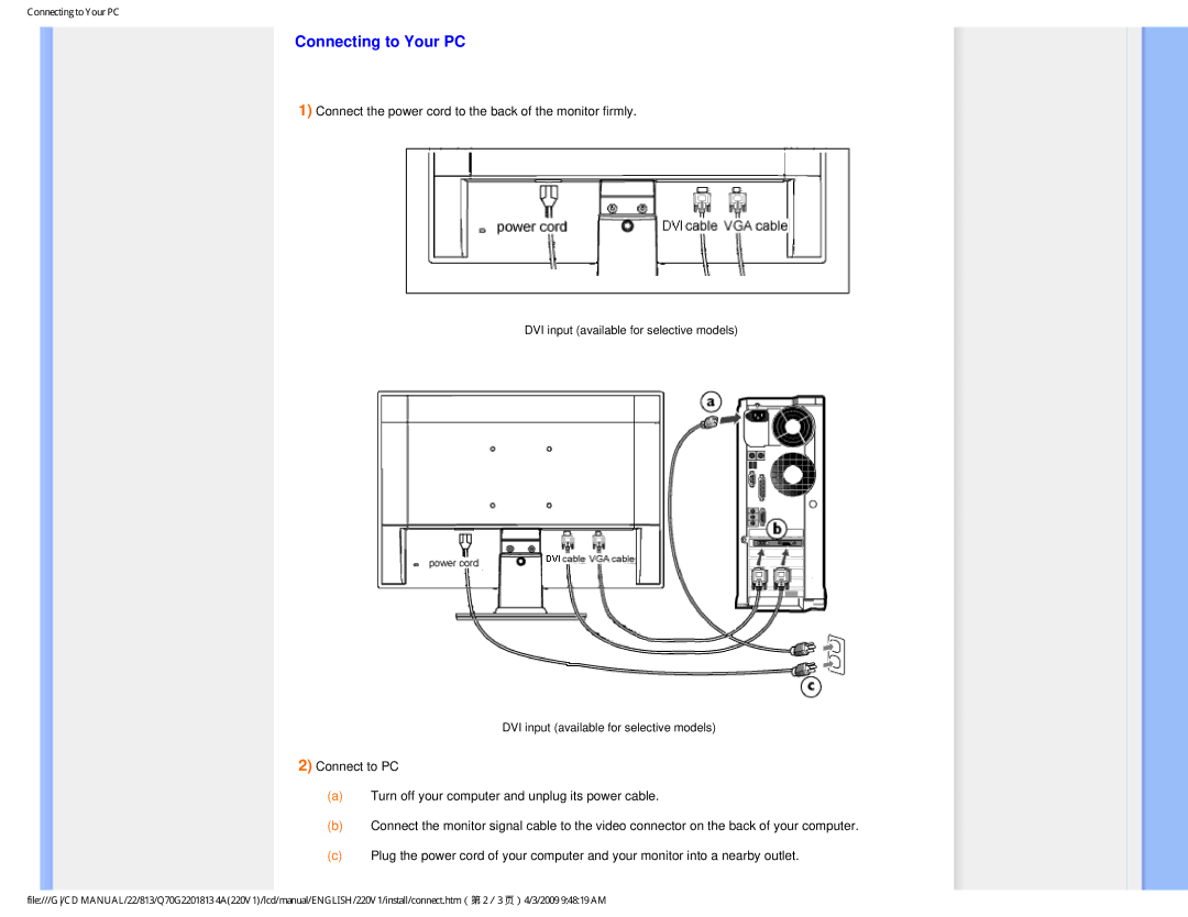 Philips 220V1SB/27 user manual Connecting to Your PC 