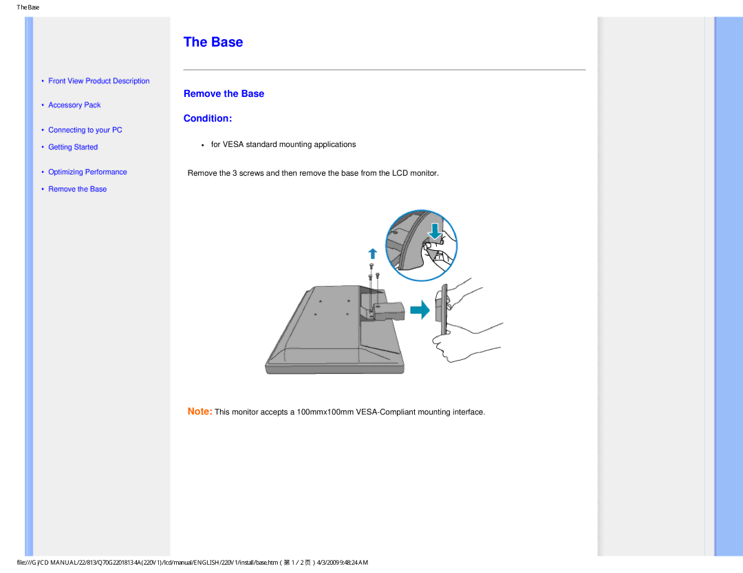 Philips 220V1SB/27 user manual Remove the Base Condition 