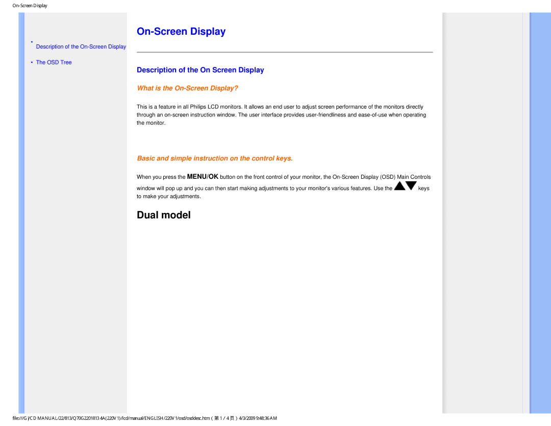 Philips 220V1SB/27 user manual On-Screen Display, Description of the On Screen Display 