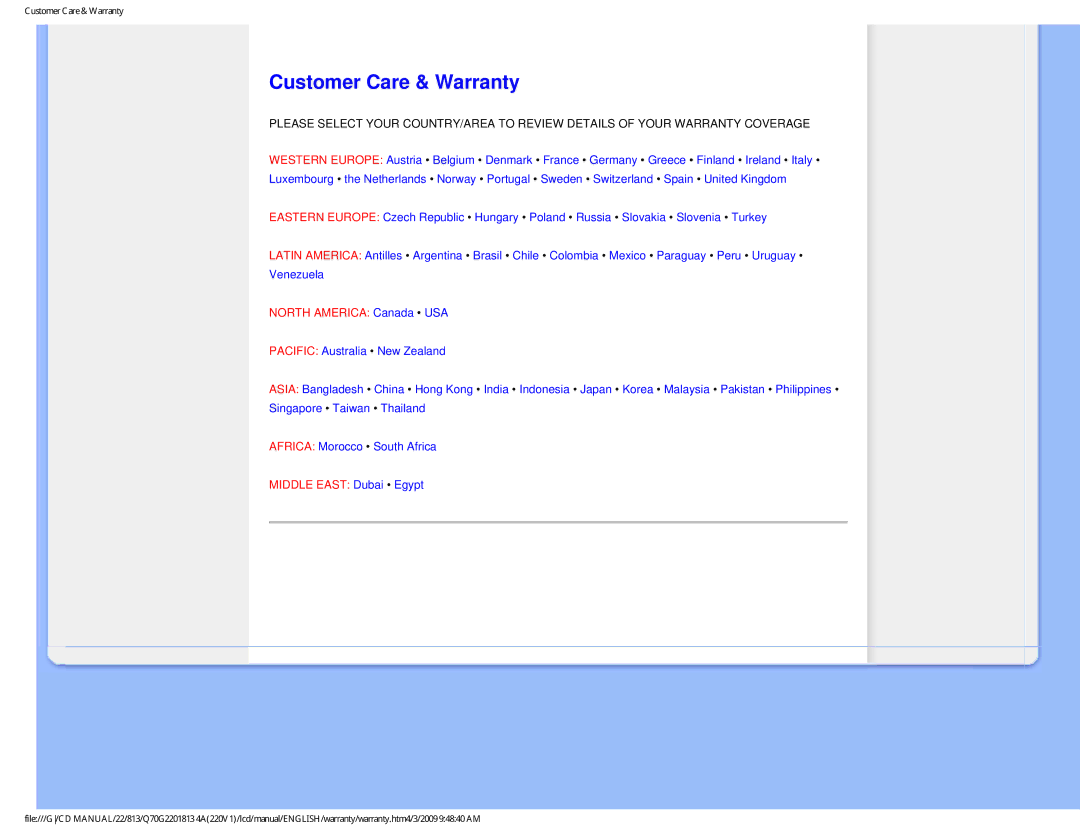 Philips 220V1SB/27 user manual Customer Care & Warranty, North America Canada USA 