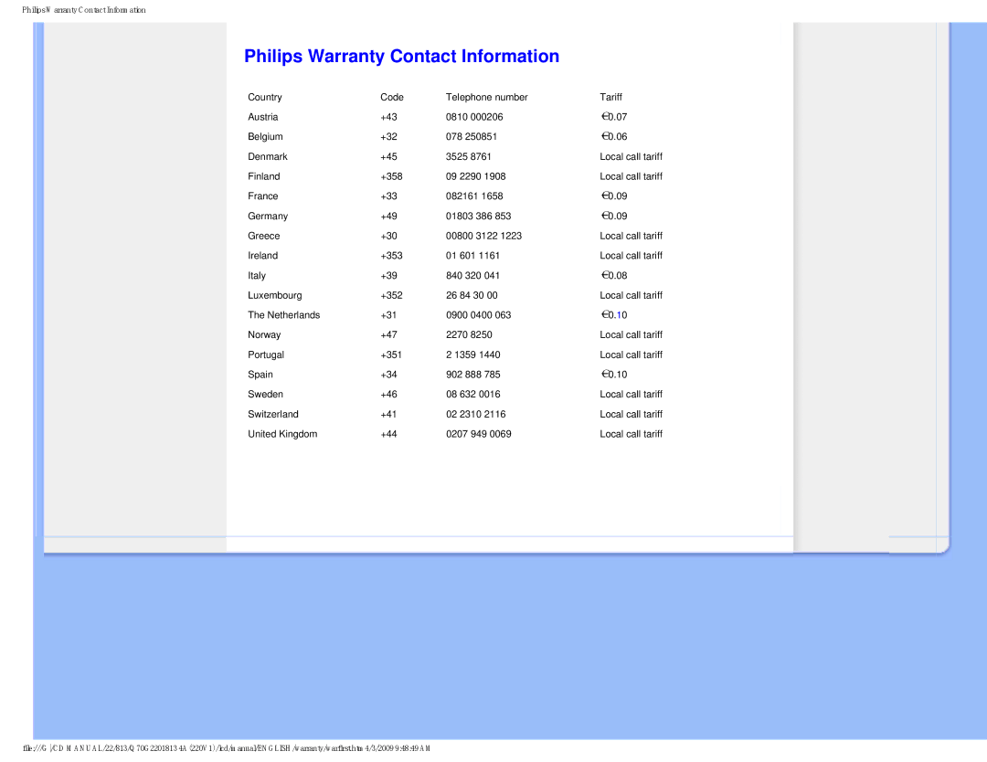 Philips 220V1SB/27 user manual Philips Warranty Contact Information 