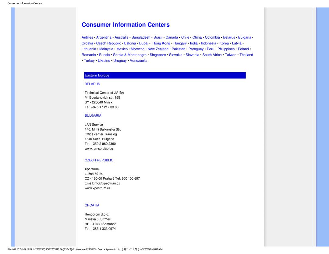 Philips 220V1SB/27 user manual Consumer Information Centers, Belarus, Bulgaria, Czech Republic, Croatia 