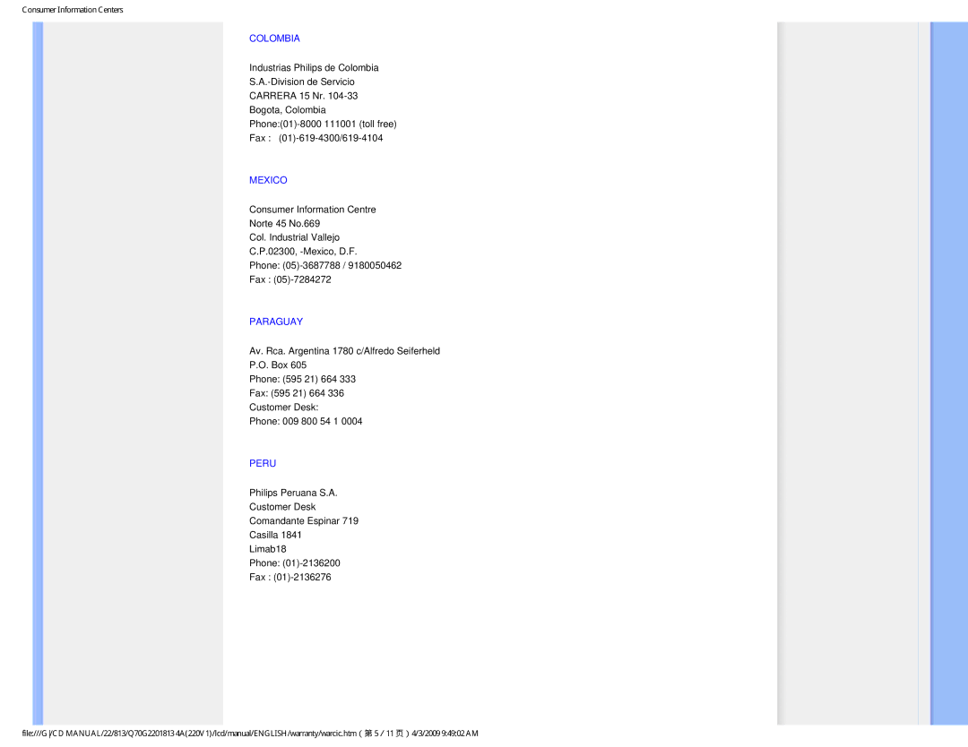 Philips 220V1SB/27 user manual Colombia, Mexico, Paraguay, Peru 