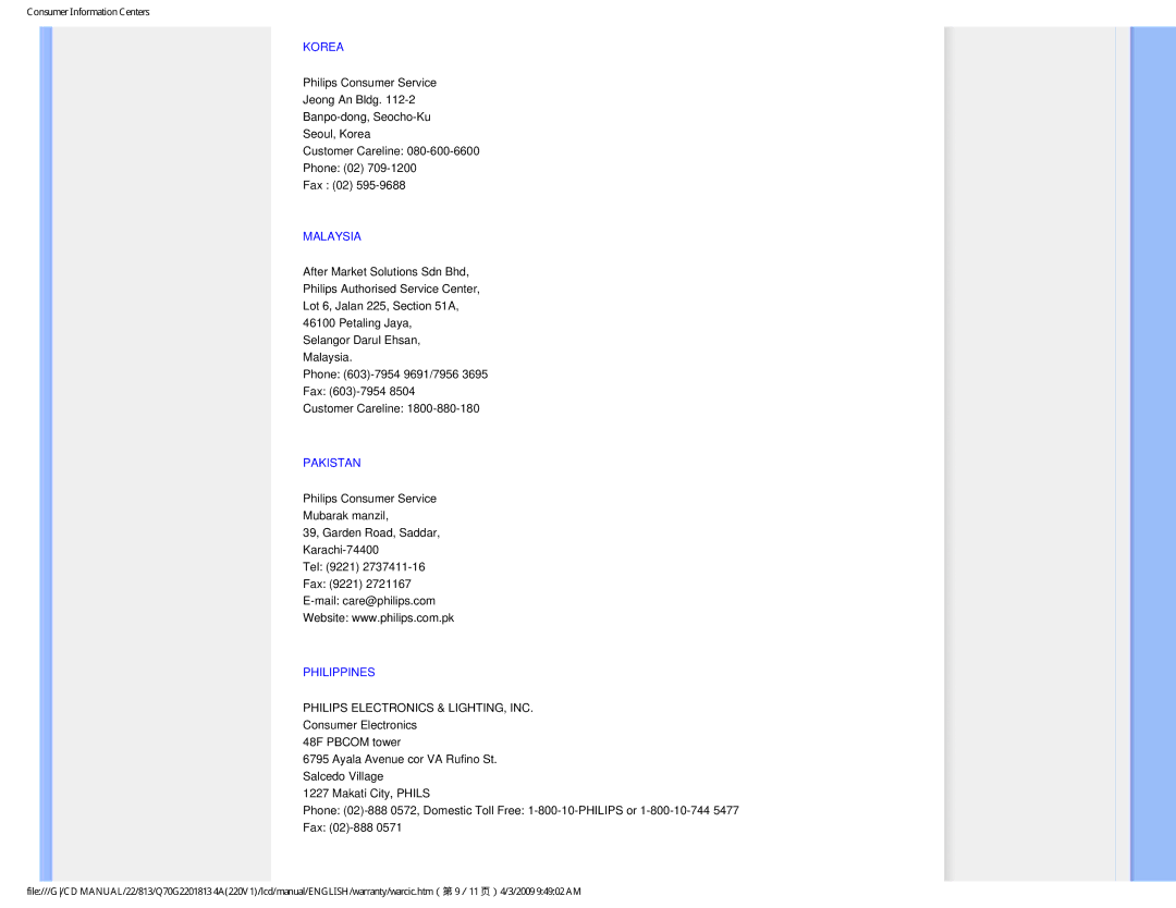 Philips 220V1SB/27 user manual Korea, Malaysia, Pakistan, Philippines 