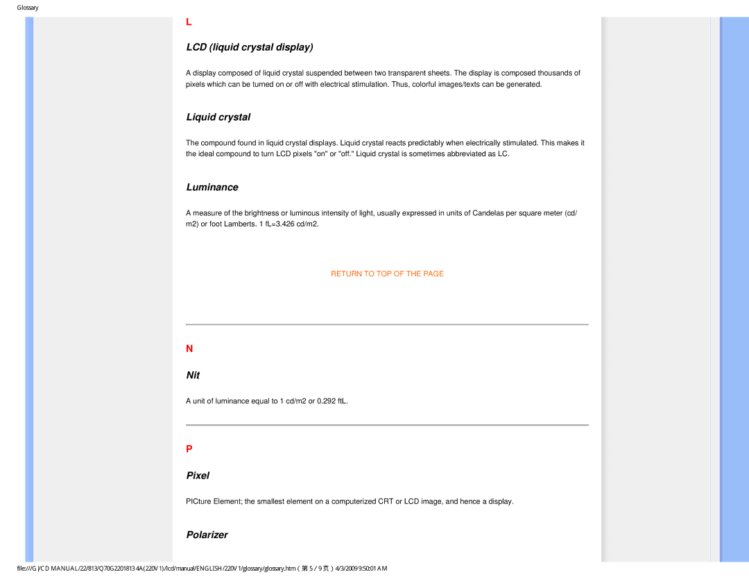 Philips 220V1SB/27 user manual LCD liquid crystal display, Liquid crystal, Luminance, Nit, Pixel, Polarizer 