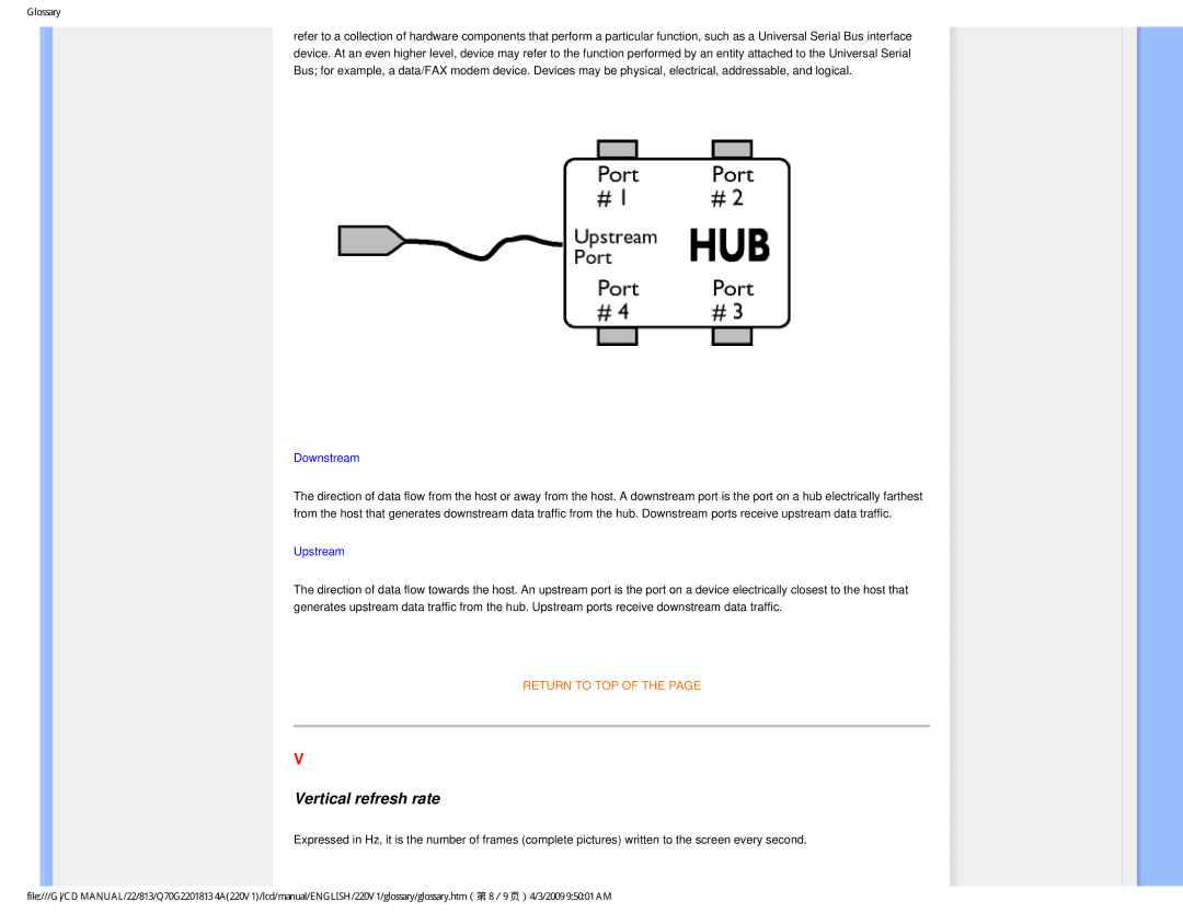 Philips 220V1SB/27 user manual Vertical refresh rate, Downstream 