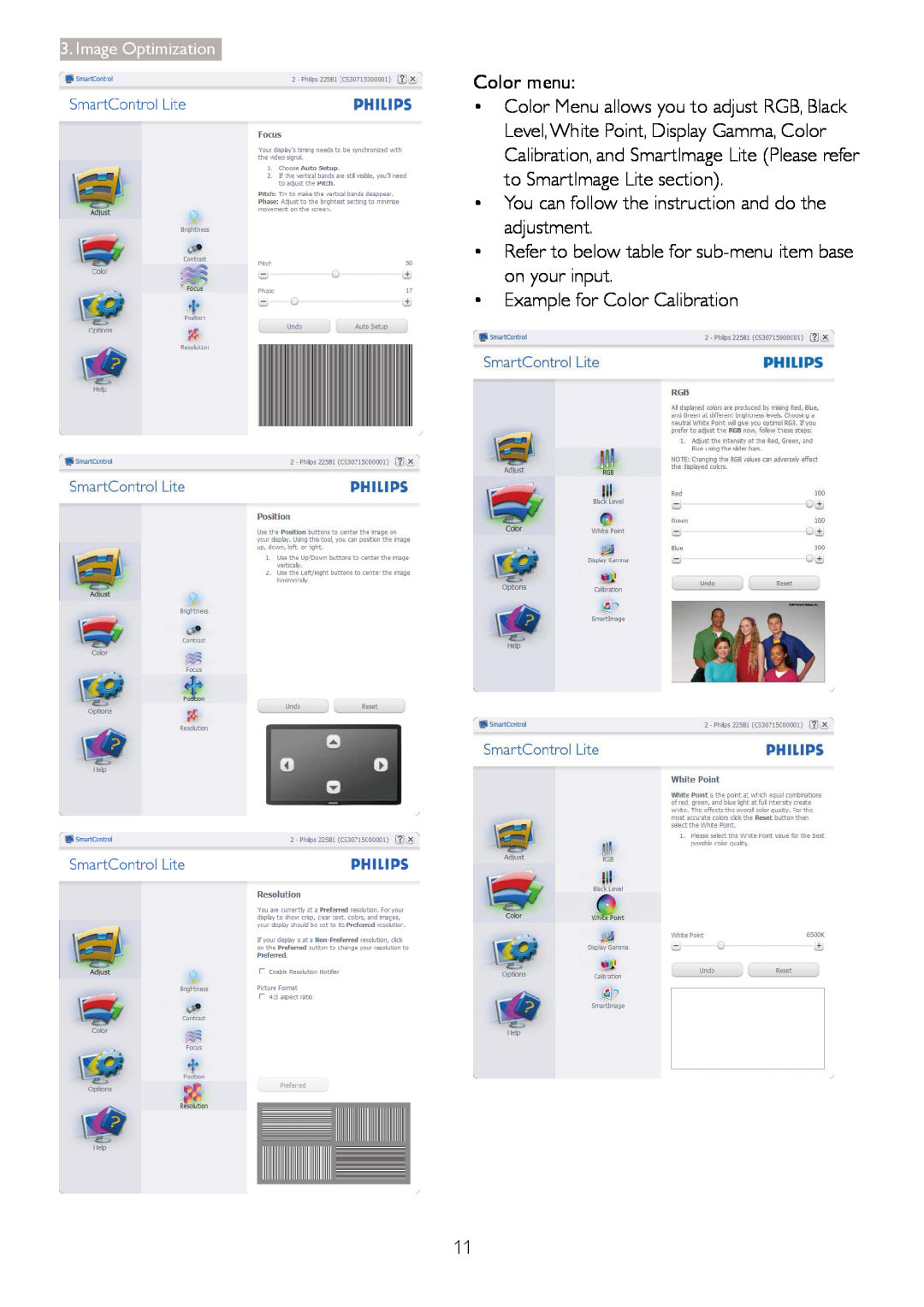 Philips 220V3 user manual Color menu, • Example for Color Calibration, Image Optimization 