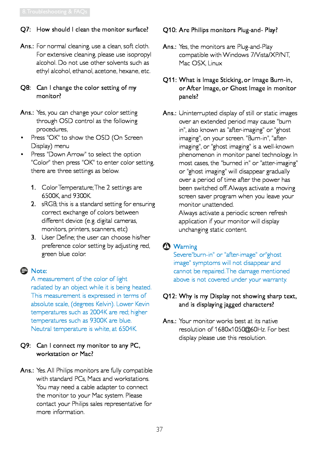 Philips 220V3 user manual Q7: How should I clean the monitor surface? 