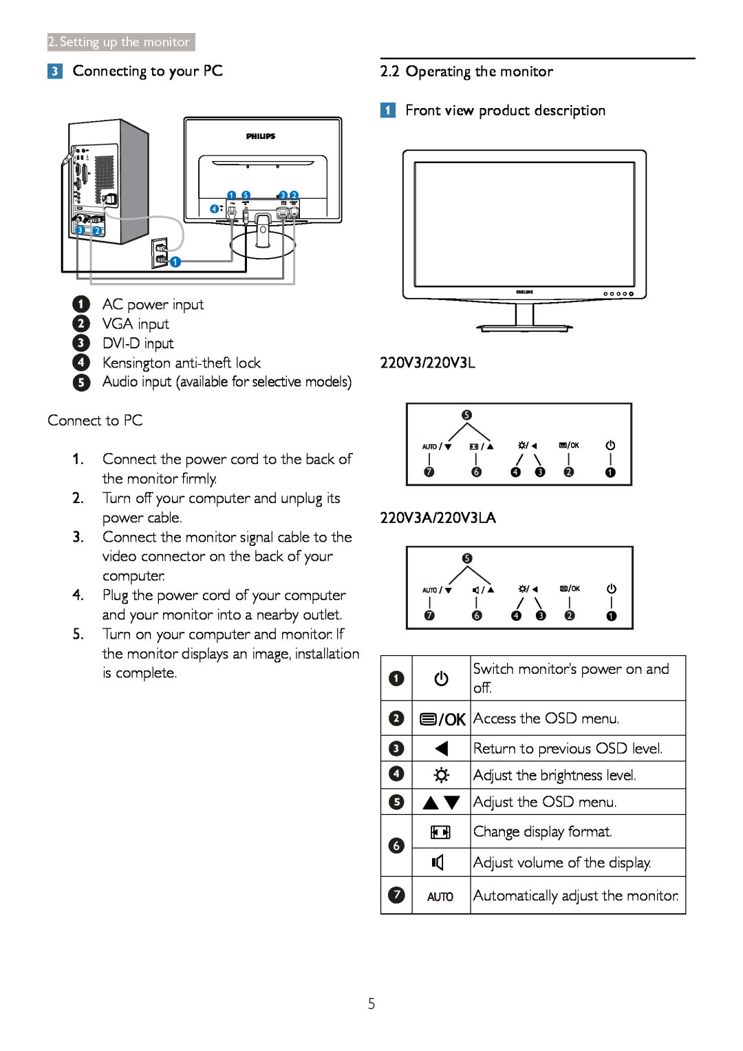 Philips 220V3 user manual Adjust volume of the display, Connecting to your PC 