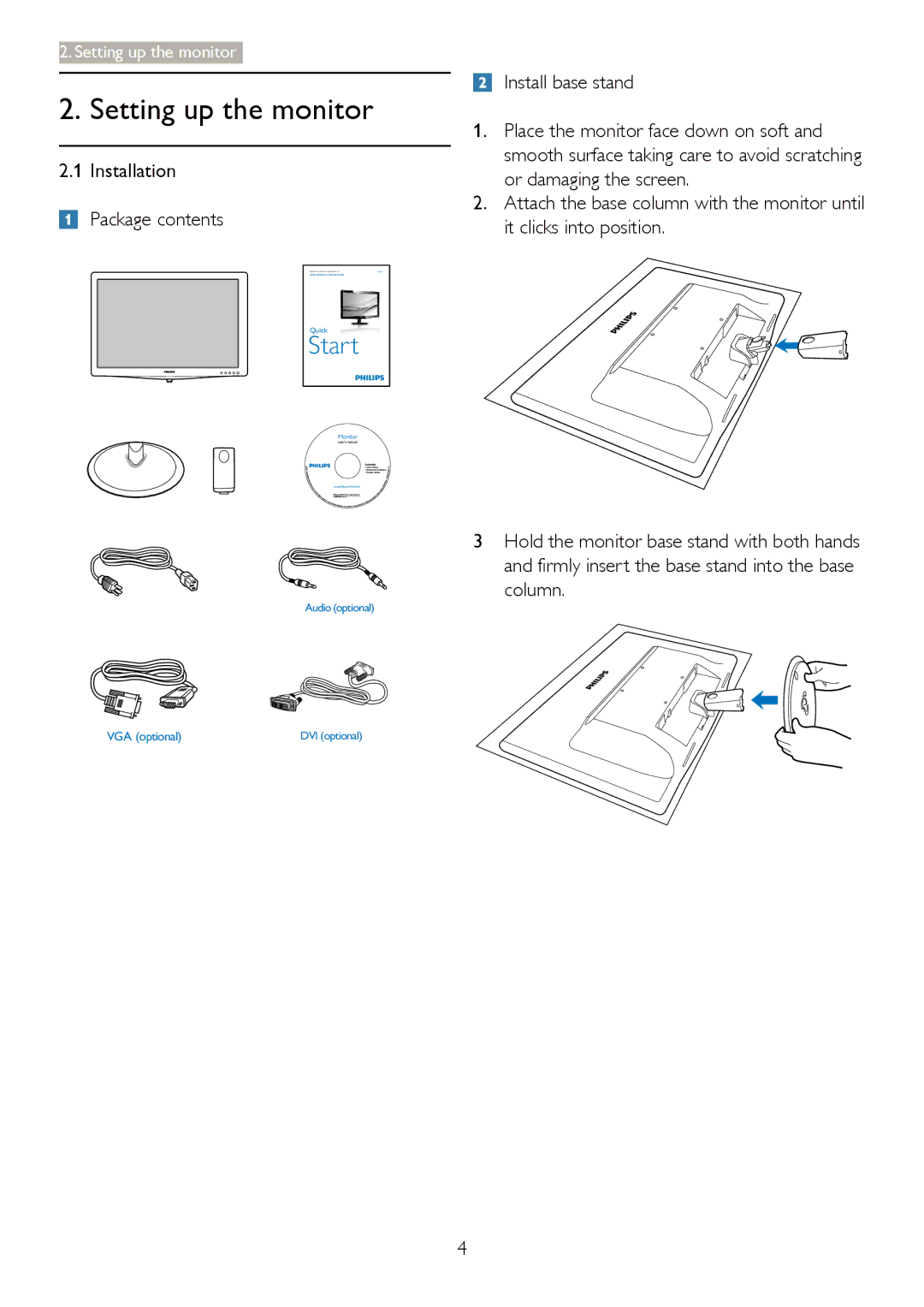 Philips 220V3 manual Setting up the monitor, Installation Package contents 