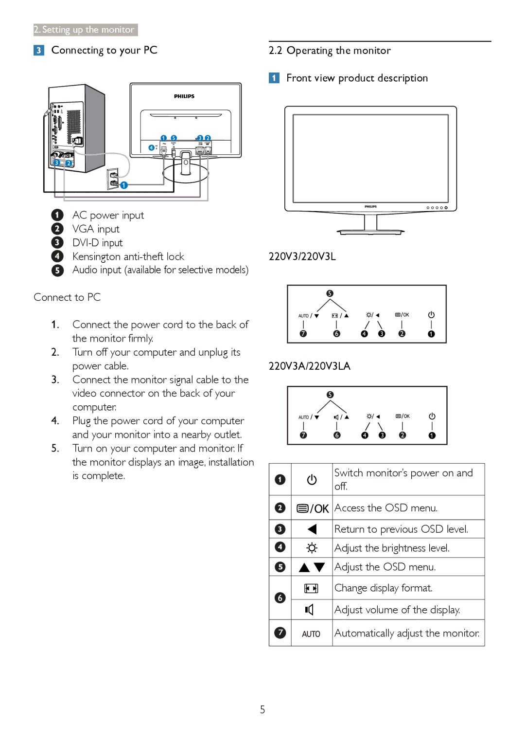 Philips 220V3 manual Adjust volume of the display 