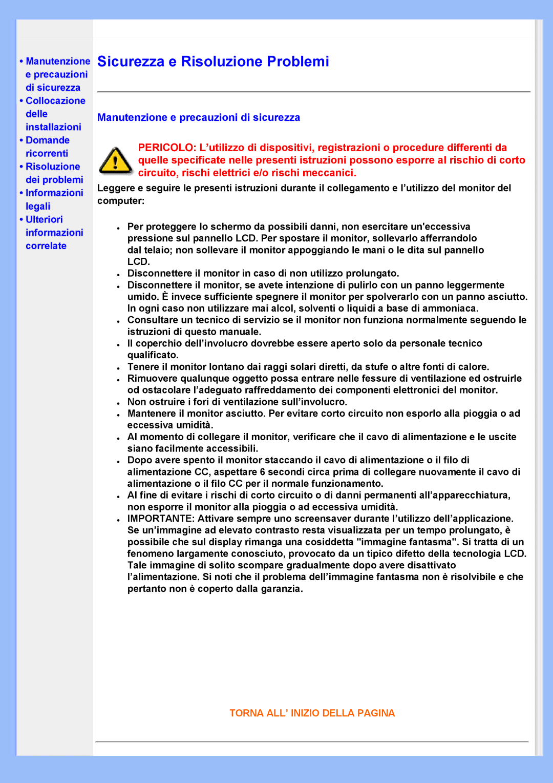 Philips 220VW8 user manual Sicurezza e Risoluzione Problemi, Manutenzione e precauzioni di sicurezza 