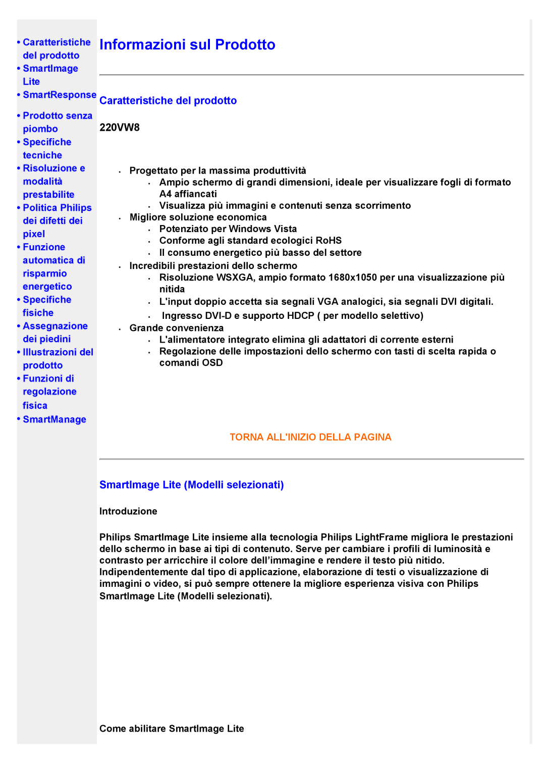 Philips 220VW8 Informazioni sul Prodotto, SmartResponse Caratteristiche del prodotto, SmartImage Lite Modelli selezionati 