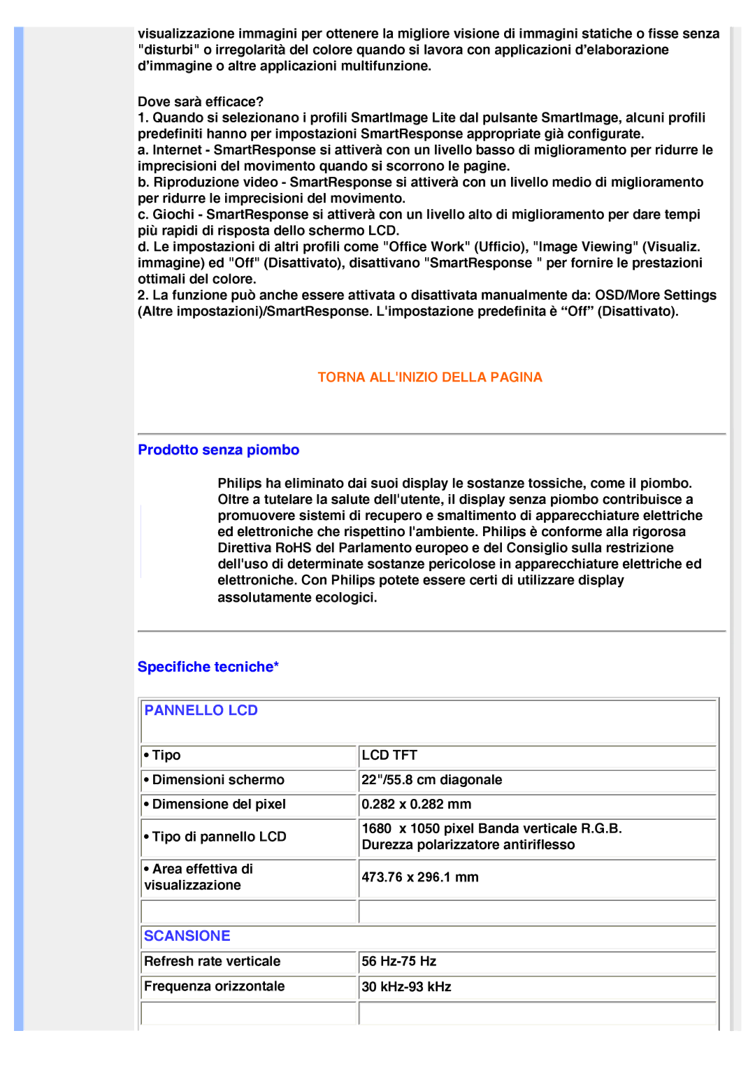 Philips 220VW8 user manual Prodotto senza piombo, Specifiche tecniche 