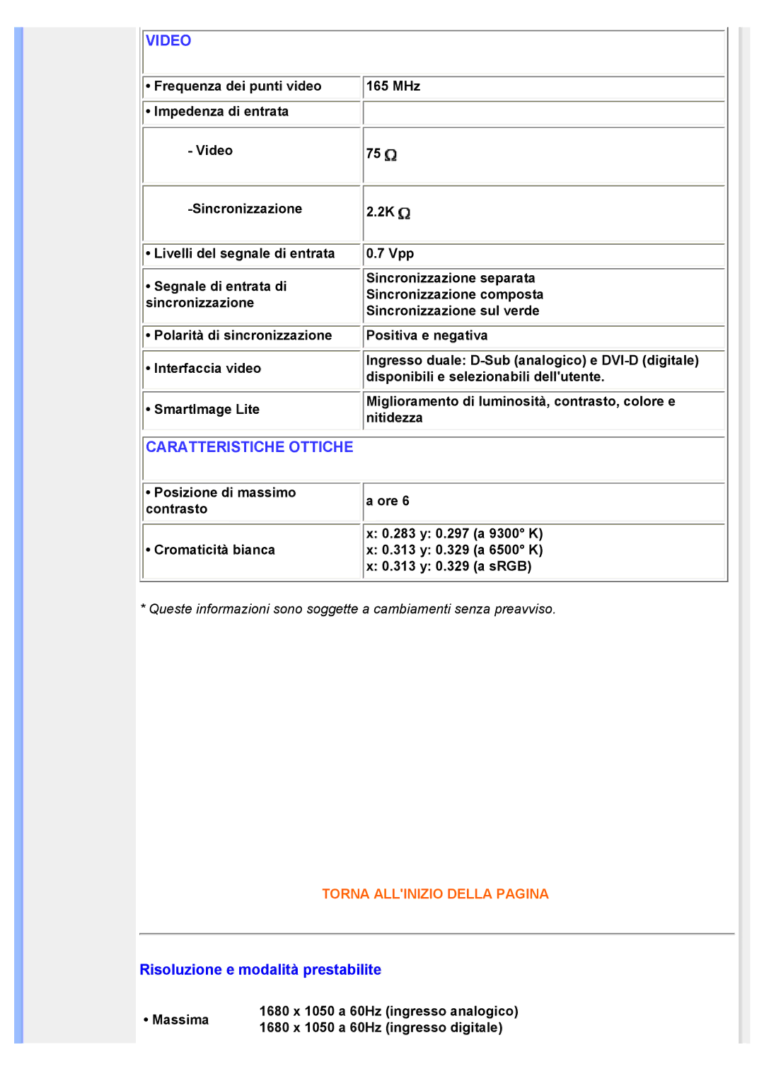 Philips 220VW8 user manual Video, Risoluzione e modalità prestabilite 