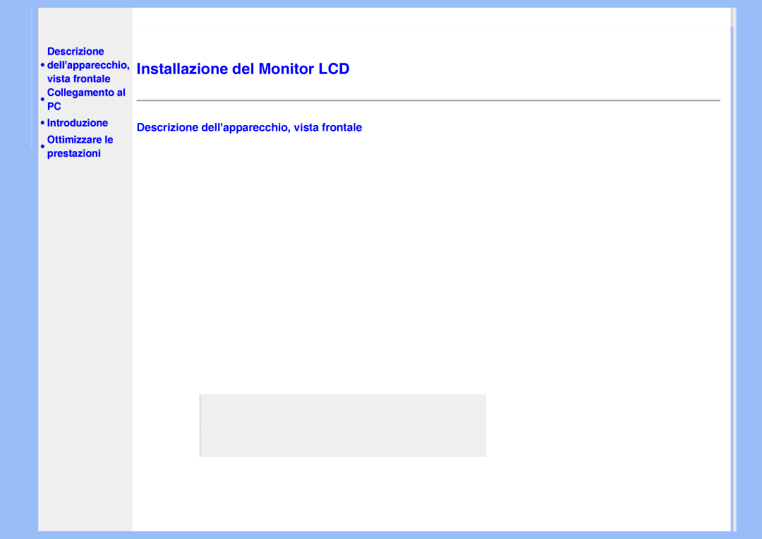 Philips 220VW8 user manual Installazione del Monitor LCD, Descrizione Dellapparecchio, vista frontale 