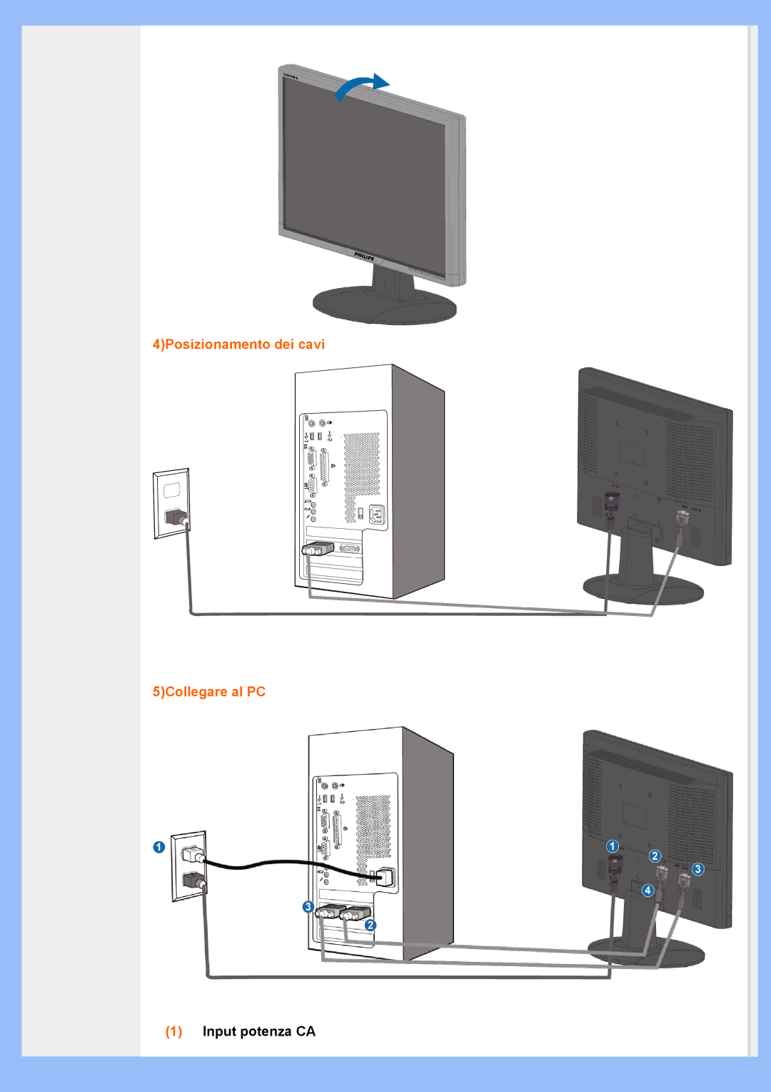 Philips 220VW8 user manual 4Posizionamento dei cavi 5Collegare al PC 