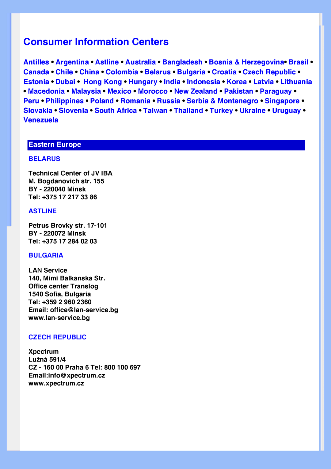 Philips 220VW8 user manual Consumer Information Centers 