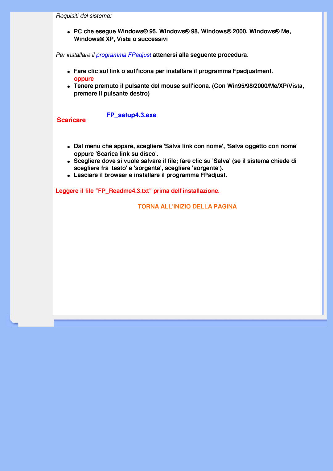 Philips 220VW8 user manual Scaricare, FPsetup4.3.exe 