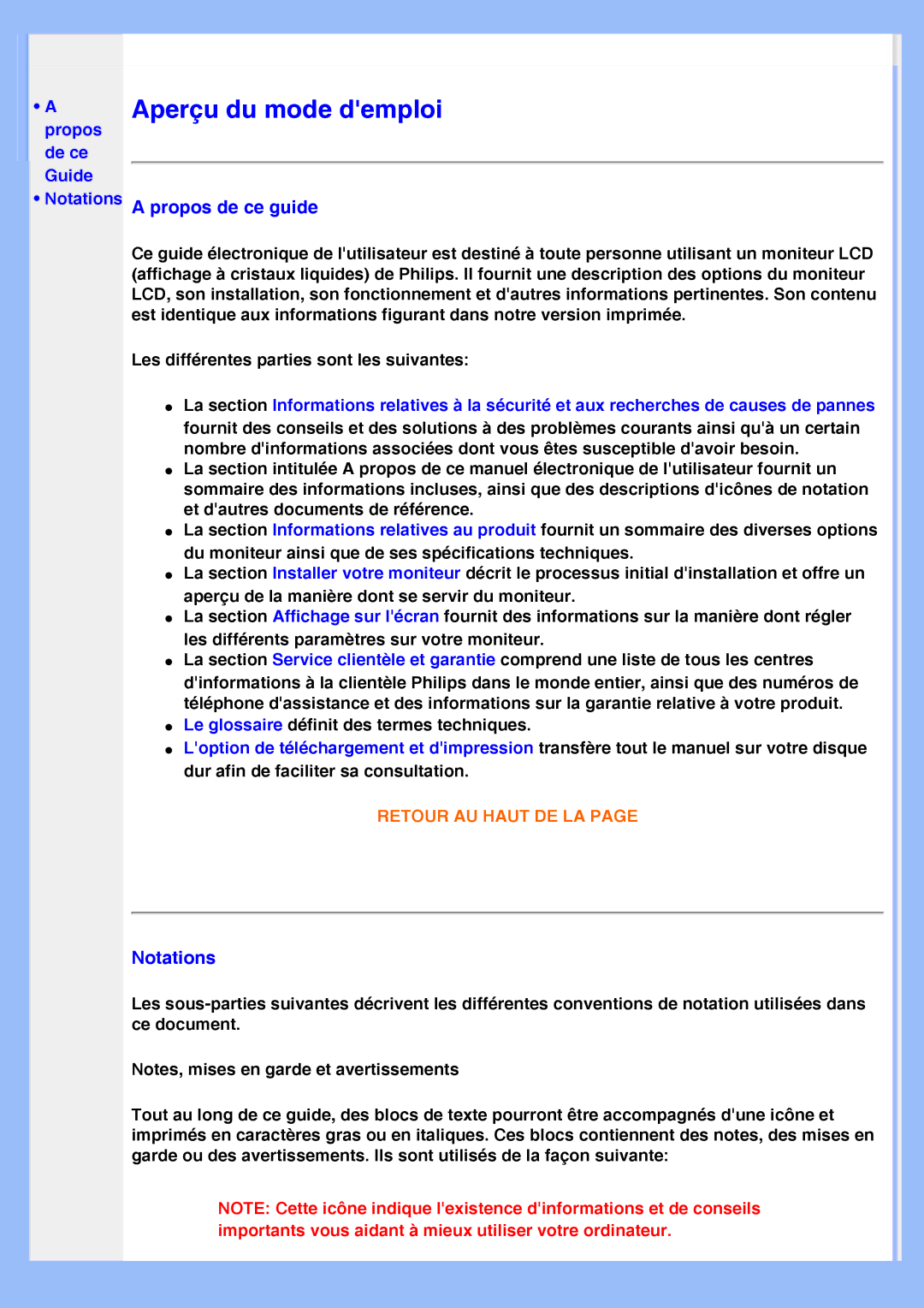 Philips 220VW8 user manual Aperçu du mode demploi, Propos de ce Guide Notations 