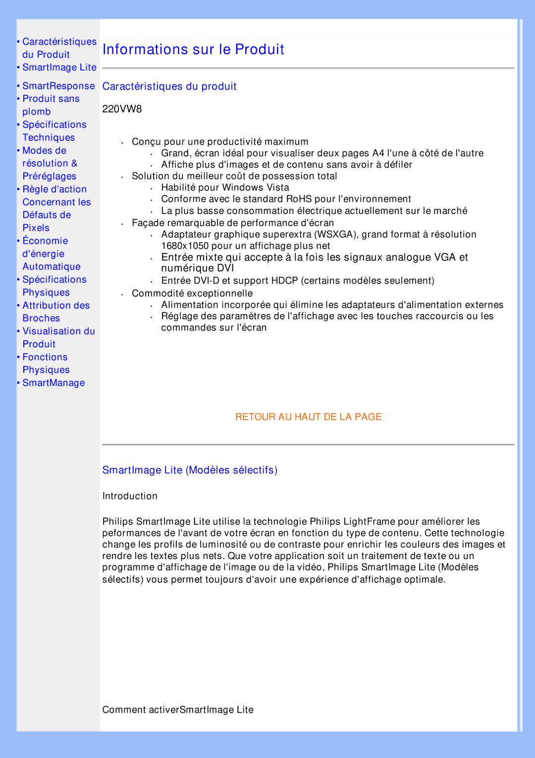 Philips 220VW8 user manual Caractéristiques du produit, SmartImage Lite Modèles sélectifs 