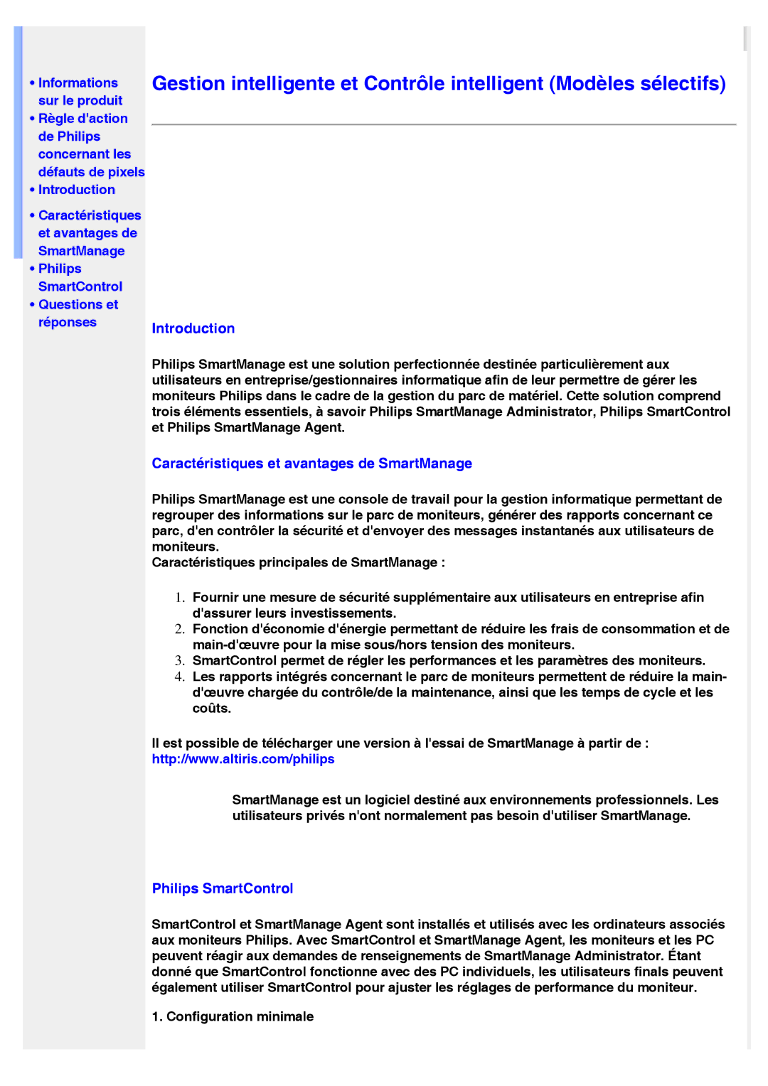 Philips 220VW8 user manual Introduction, Caractéristiques et avantages de SmartManage, Philips SmartControl 