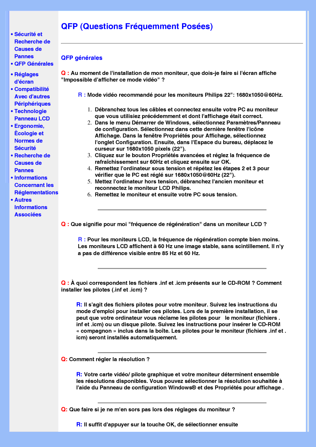 Philips 220VW8 user manual QFP Questions Fréquemment Posées, QFP générales 