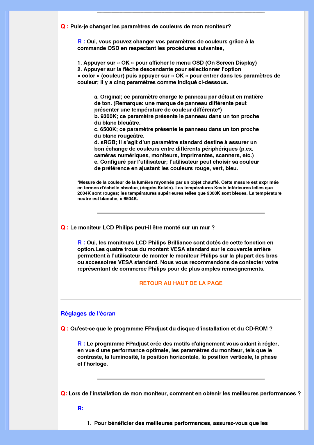 Philips 220VW8 user manual Réglages de lécran, Puis-je changer les paramètres de couleurs de mon moniteur? 