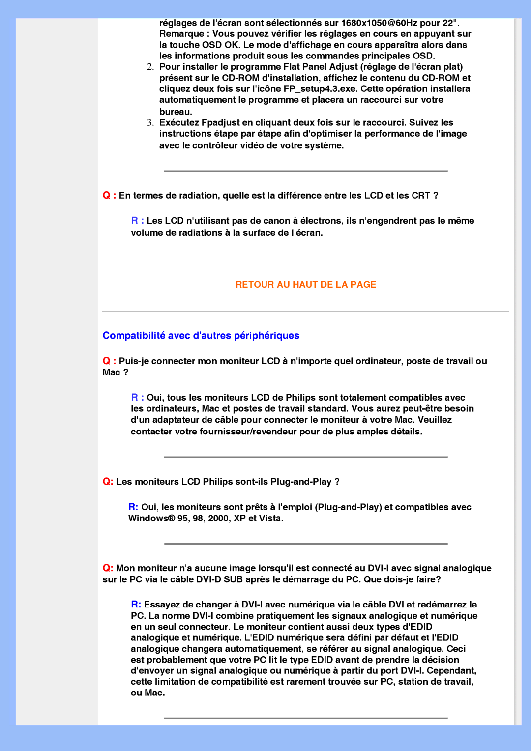 Philips 220VW8 user manual Compatibilité avec dautres périphériques 