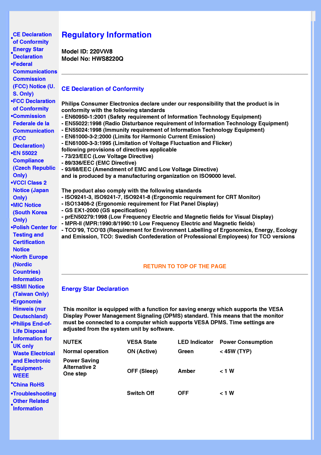 Philips 220VW8 CE Declaration of Conformity, Energy Star Declaration, China RoHS Troubleshooting Other Related Information 