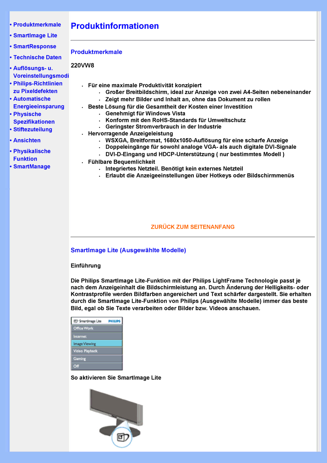 Philips 220VW8 user manual Produktmerkmale, SmartImage Lite Ausgewählte Modelle 