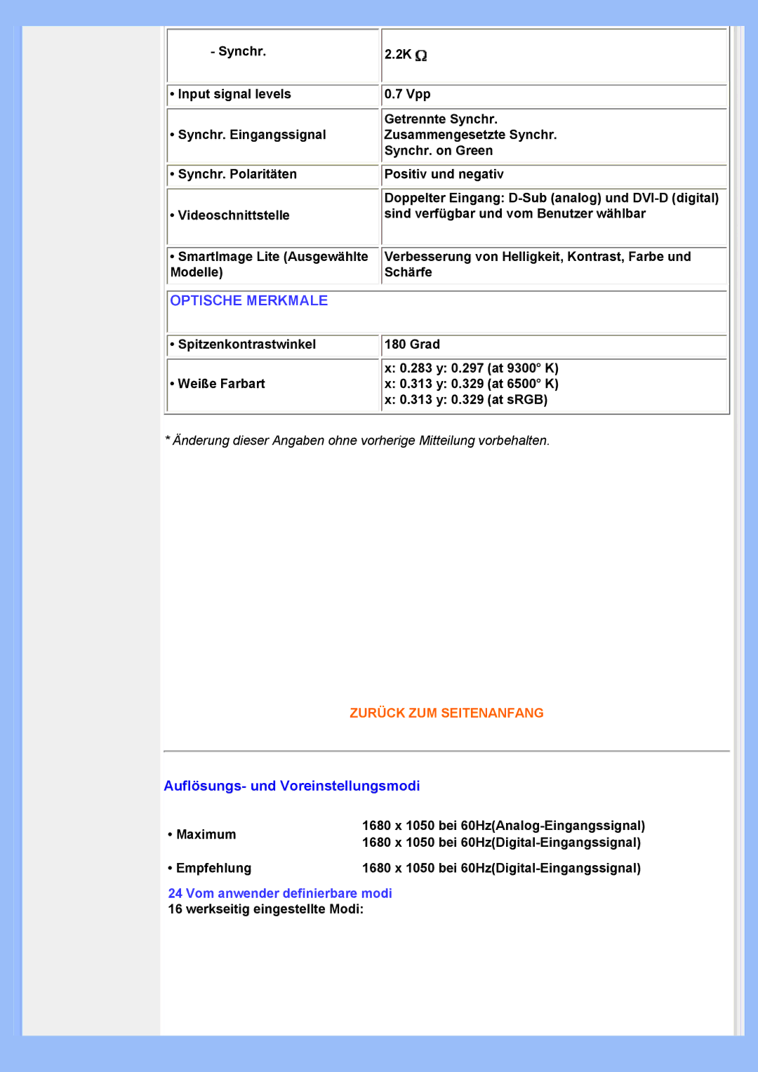 Philips 220VW8 user manual Optische Merkmale, Auflösungs- und Voreinstellungsmodi 