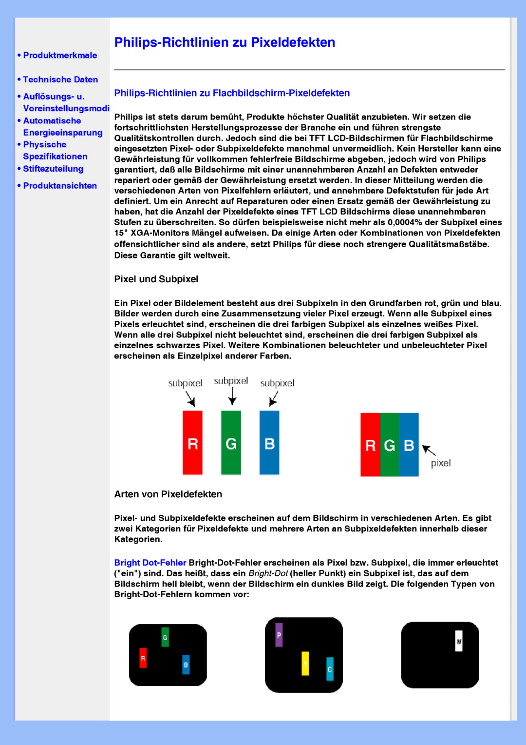 Philips 220VW8 user manual Philips-Richtlinien zu Pixeldefekten, Philips-Richtlinien zu Flachbildschirm-Pixeldefekten 