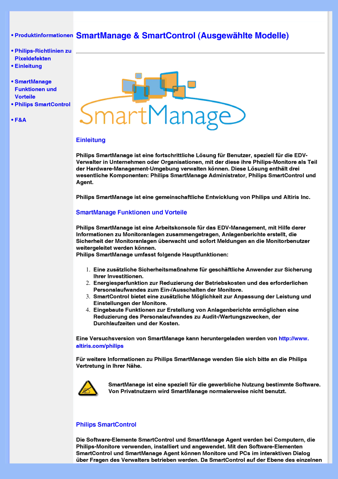 Philips 220VW8 user manual Einleitung, SmartManage Funktionen und Vorteile, Philips SmartControl 