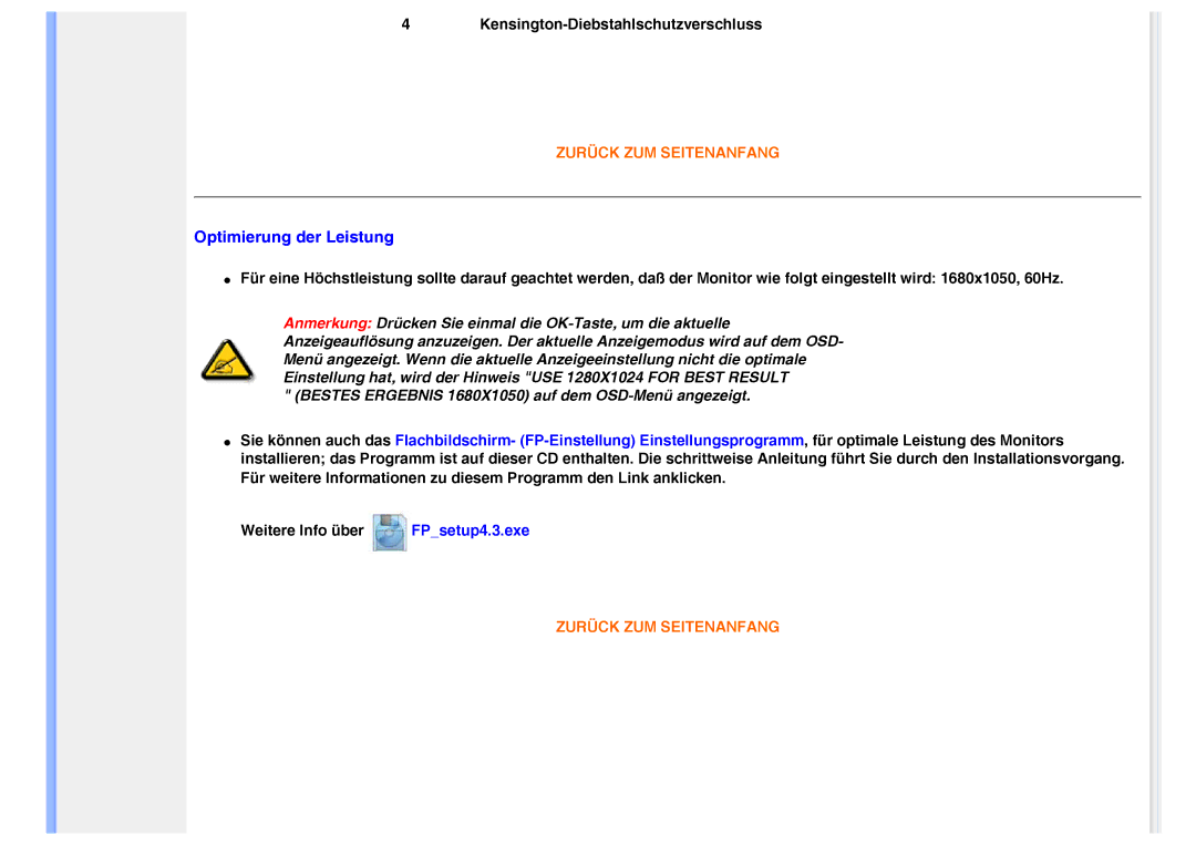 Philips 220VW8 user manual Optimierung der Leistung 