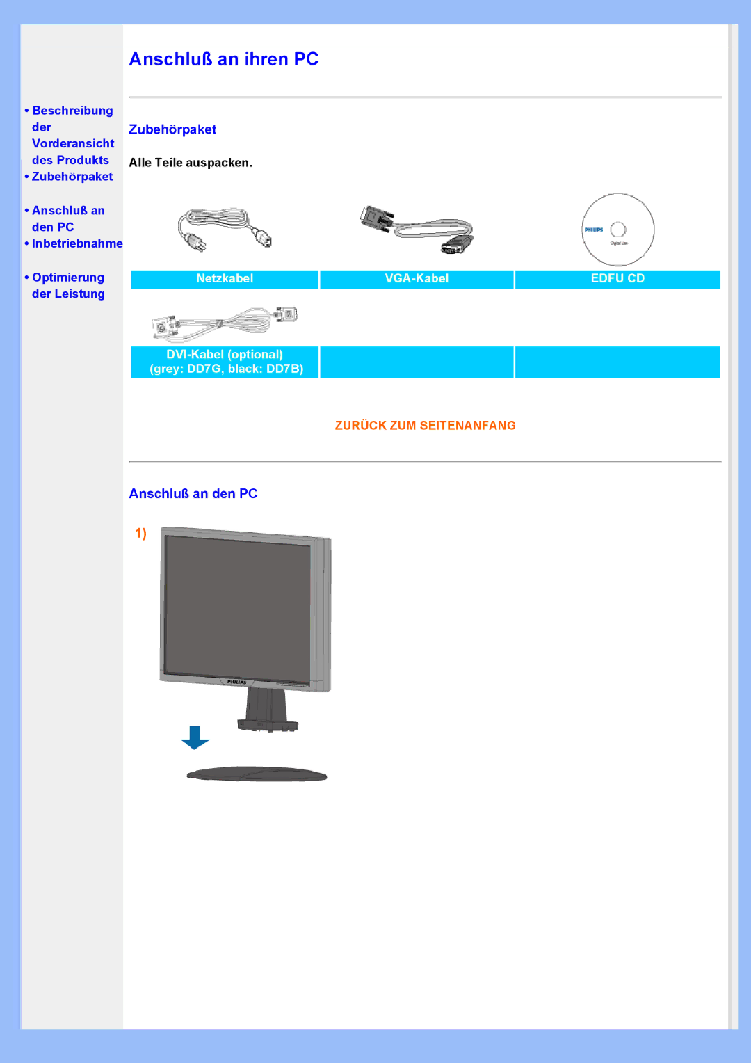 Philips 220VW8 user manual Zubehörpaket, Anschluß an den PC 