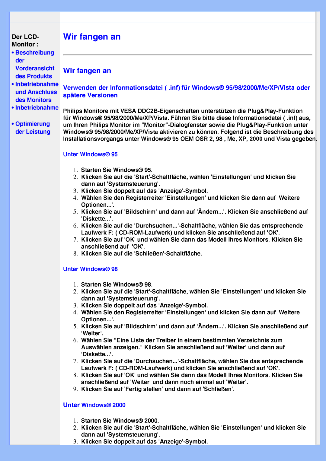 Philips 220VW8 user manual Der LCD Monitor, Unter Windows 