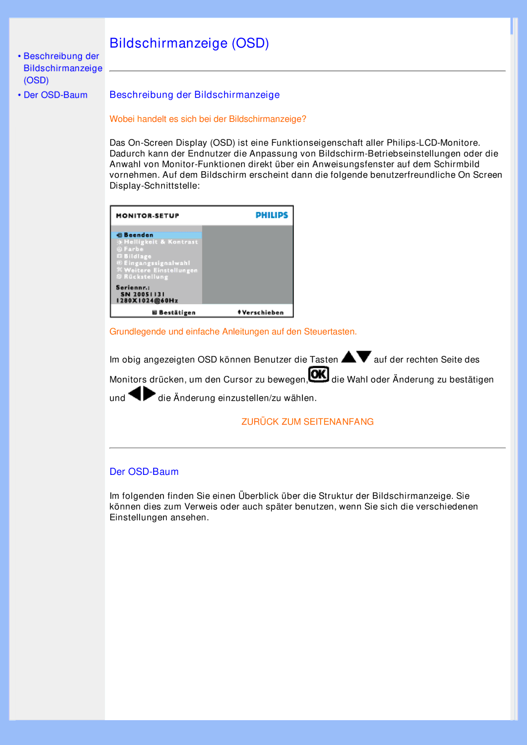 Philips 220VW8 user manual Beschreibung der Bildschirmanzeige, Der OSD-Baum 