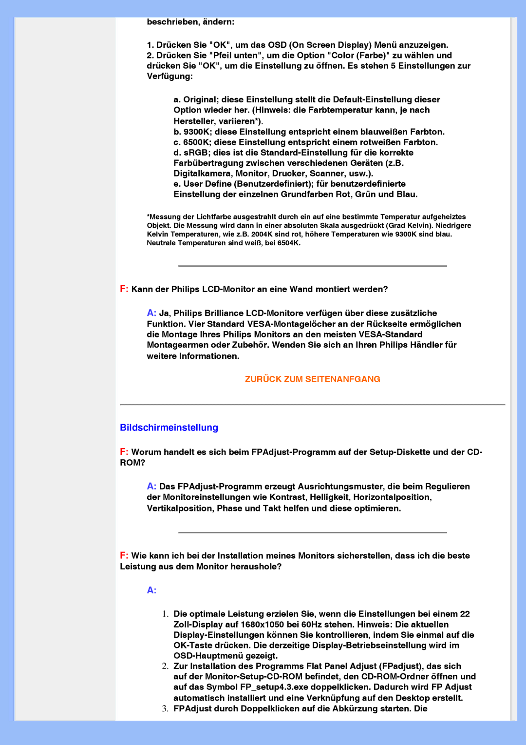 Philips 220VW8 user manual Bildschirmeinstellung 