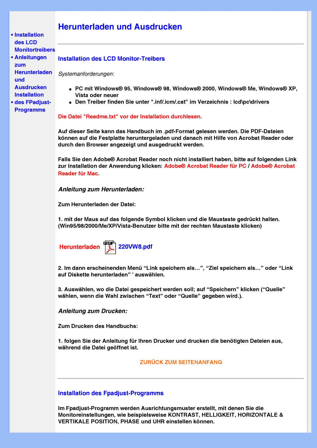 Philips 220VW8 user manual Installation des LCD Monitor-Treibers, Installation des Fpadjust-Programms 
