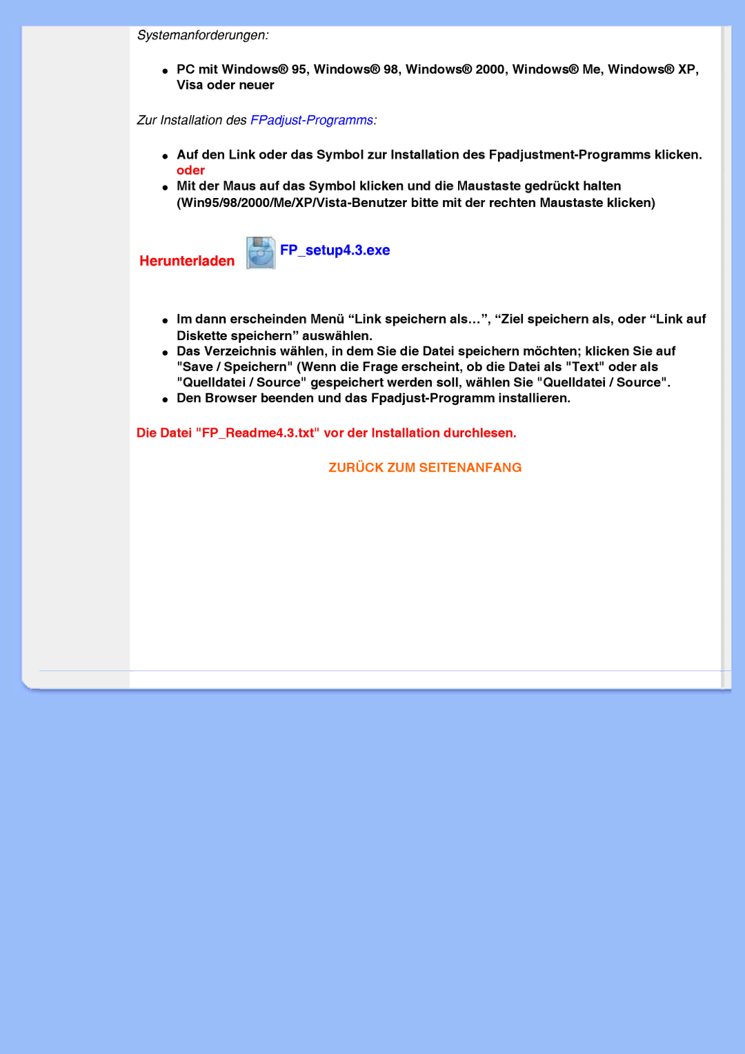 Philips 220VW8 user manual Herunterladen, FPsetup4.3.exe 