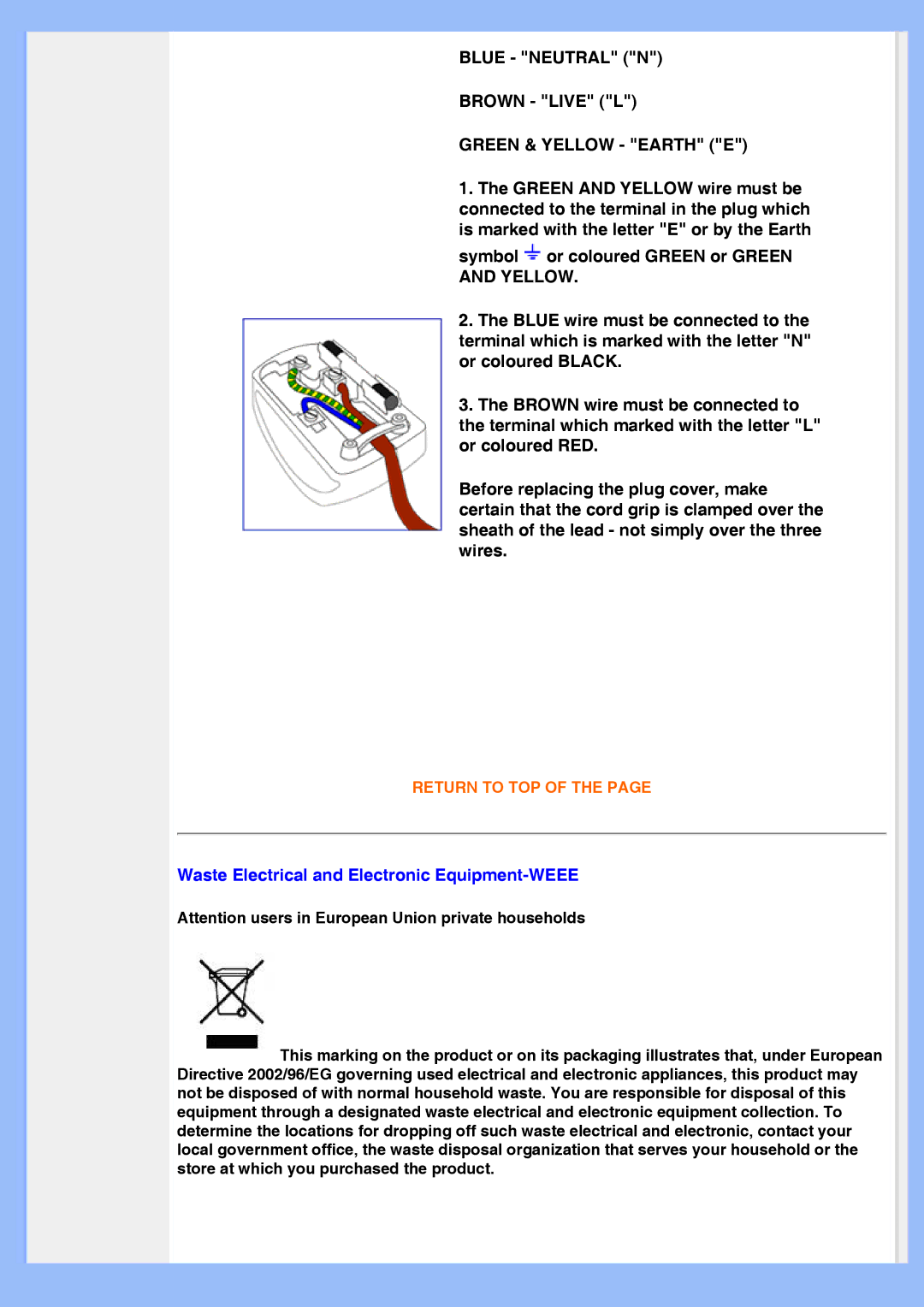 Philips 220VW8 user manual Brown Live L, Waste Electrical and Electronic Equipment-WEEE 